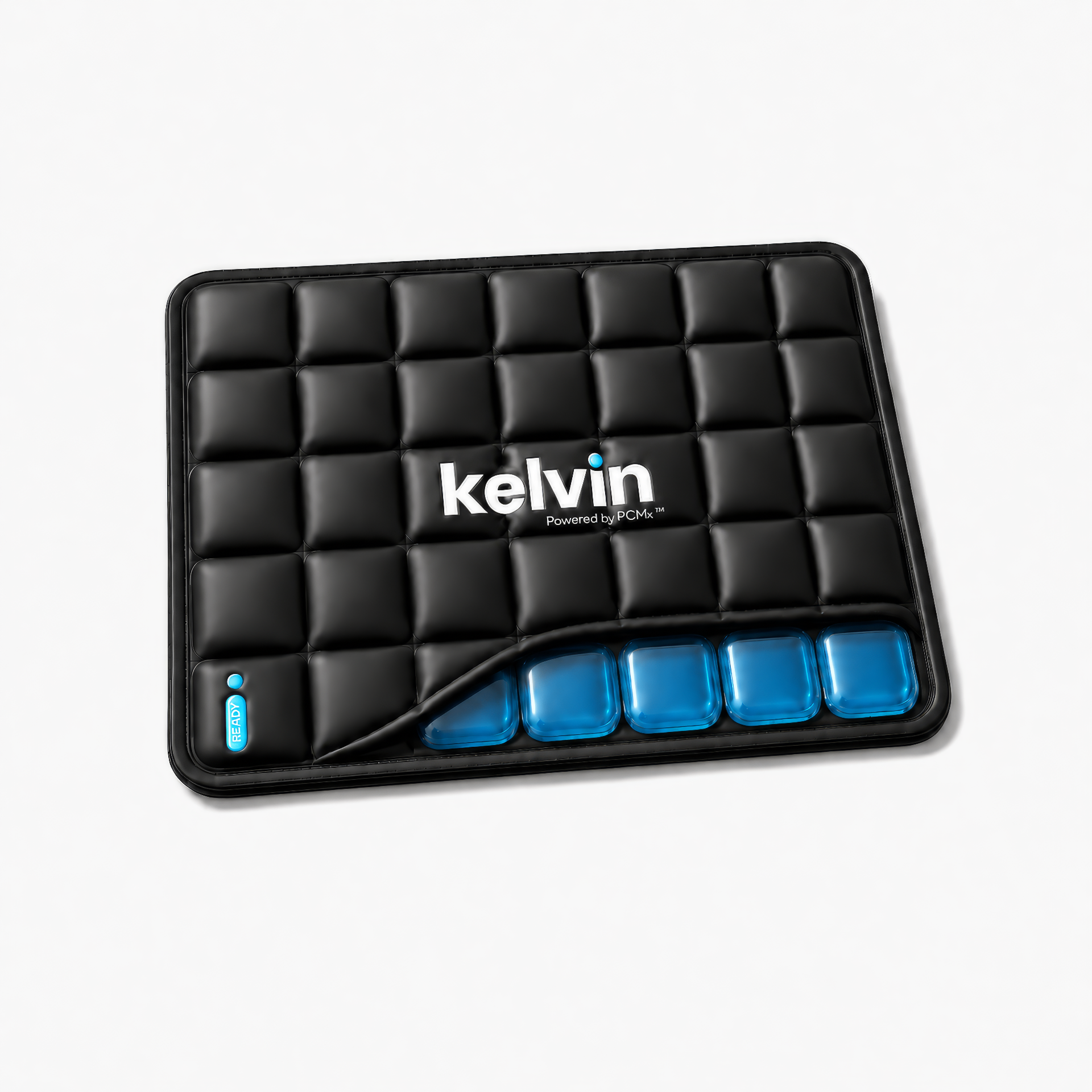 Kelvin™ cold therapy compress - quilted black sport-grade flex-shell, photographed on warm linen